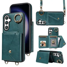 002 Cellphone Cover for Samsung Galaxy S23 FE , Ring Kickstand Litchi Texture Leather TPU Card Bag Phone Case with Shoulder Strap