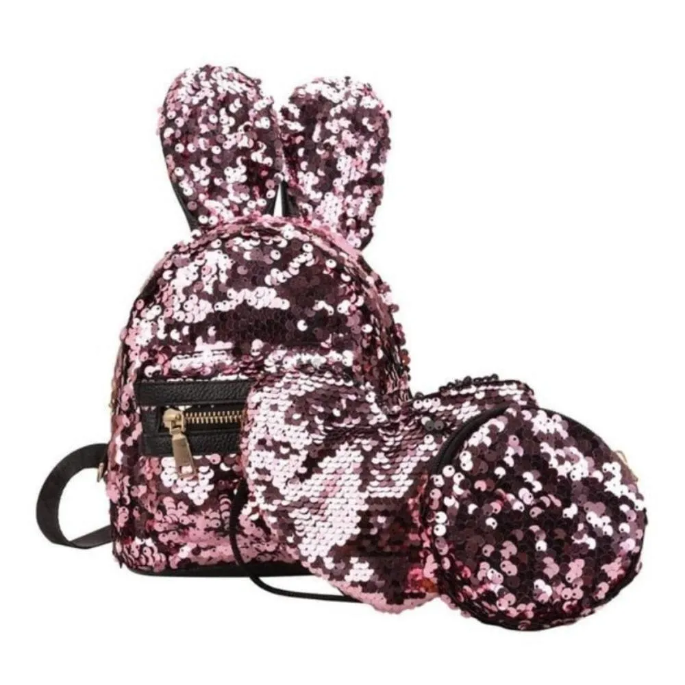 3 pcs set Rabbit Ear Backpack Travel-bag Bling Shiny Cute Heart Shaped