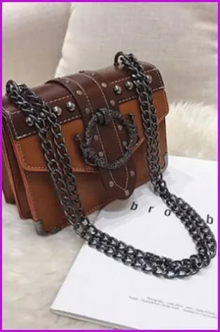 4 Colors Rivet Lock Chain PU Shoulder Bag F099