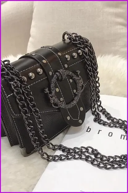 4 Colors Rivet Lock Chain PU Shoulder Bag F099