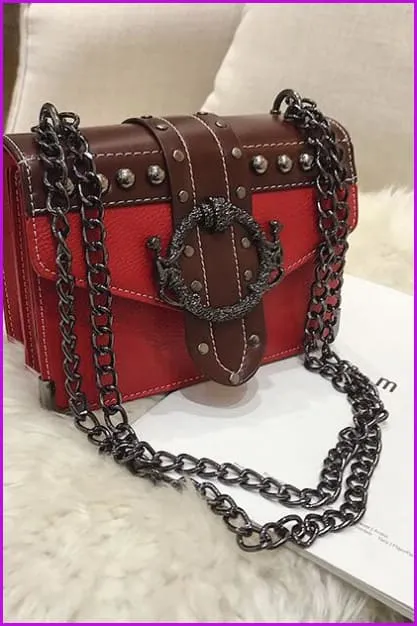 4 Colors Rivet Lock Chain PU Shoulder Bag F099