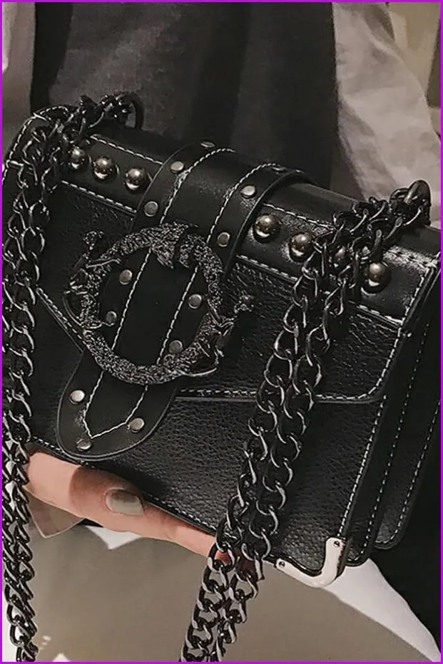 4 Colors Rivet Lock Chain PU Shoulder Bag F099