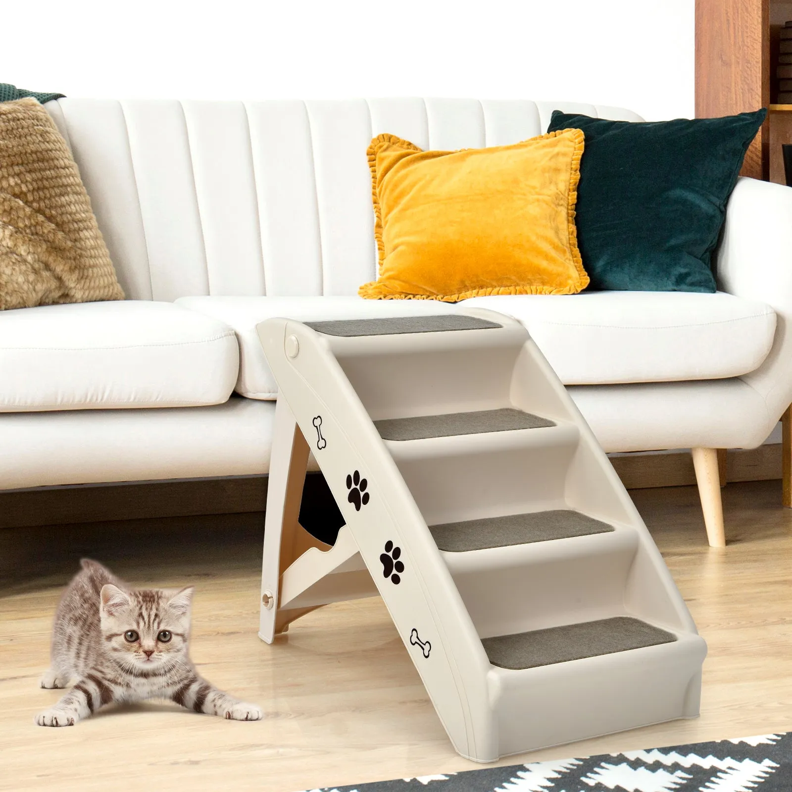 4-Step Pet Stairs with Non-slip Foot Pads-Beige