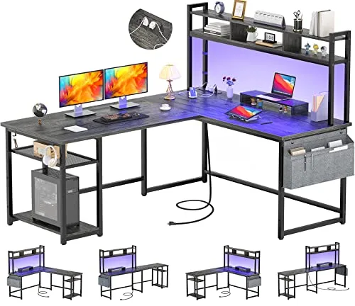 Aheaplus L Shaped Desk with Power Outlet & LED Strip, Reversible L-Shaped Corner Computer Desks Gaming Desk with Storage Shelf & Monitor Stand, Modern 2 Person Home Office Desk Writing Desk, Grey Oak