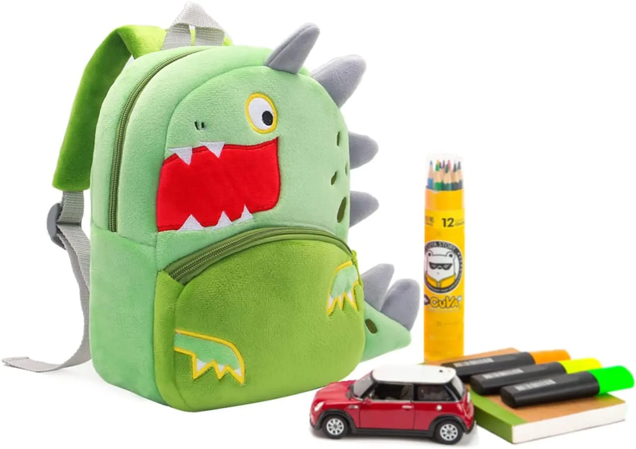 Anykidz 3D Green Big Mouth Dinosaur Kids School Backpack Cute Cartoon Animal Style Children Toddler Plush Bag Perfect Accessories For Boys and Girls