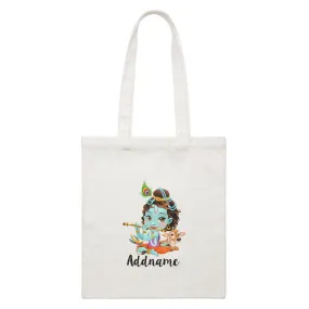 Artistic Krishna Playing Flute with Cow Addname White Canvas Bag