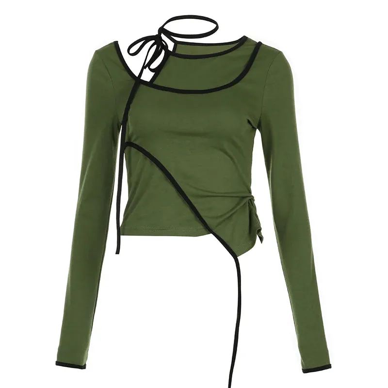 Asymmetrical Folds Spliced Female T-shirt Slim Long Sleeve Stitch Top Halter Neck Korean Casual Autumn Tee Shirt New