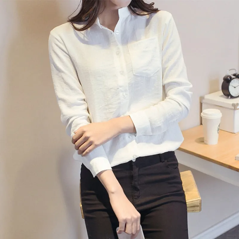 Autumn Women White Shirt Long Sleeve Fashion Stand Collar Cotton Linen Loose Female Blouse Casual Korean Solid Sweet Tops