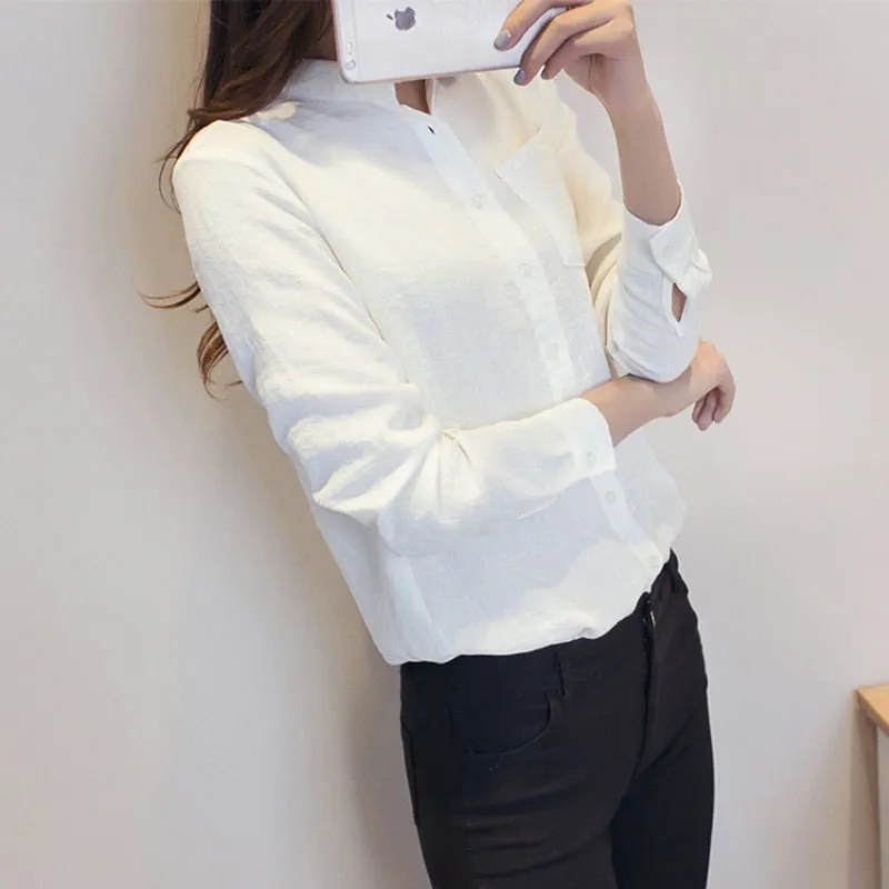 Autumn Women White Shirt Long Sleeve Fashion Stand Collar Cotton Linen Loose Female Blouse Casual Korean Solid Sweet Tops