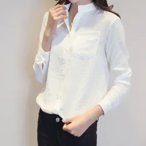 Autumn Women White Shirt Long Sleeve Fashion Stand Collar Cotton Linen Loose Female Blouse Casual Korean Solid Sweet Tops