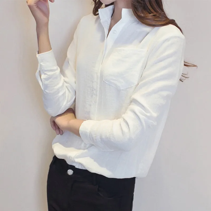 Autumn Women White Shirt Long Sleeve Fashion Stand Collar Cotton Linen Loose Female Blouse Casual Korean Solid Sweet Tops