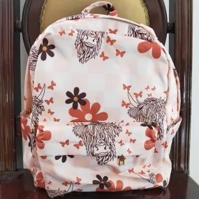 Baby Girls Backpacks Orange Highland Cow Flowers Print Western Kids Backpack BA0074