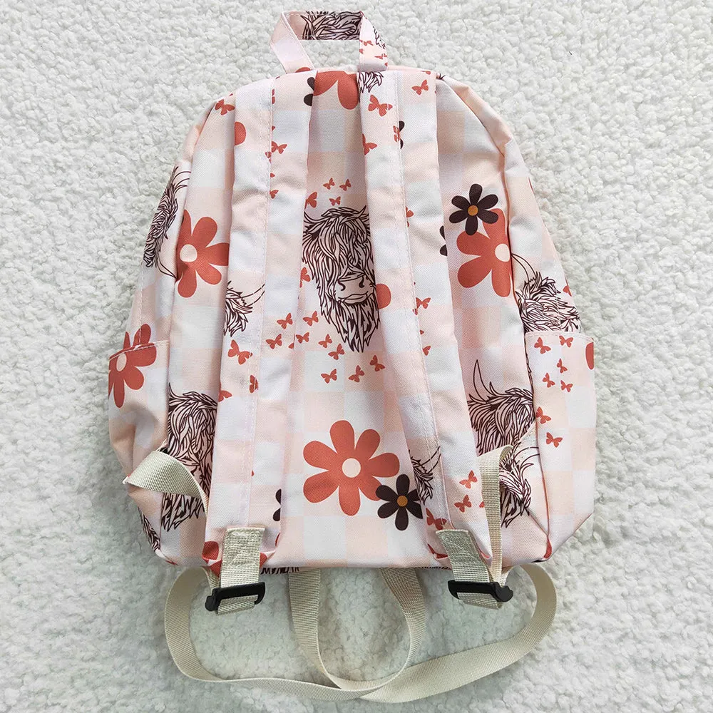 Baby Girls Backpacks Orange Highland Cow Flowers Print Western Kids Backpack BA0074