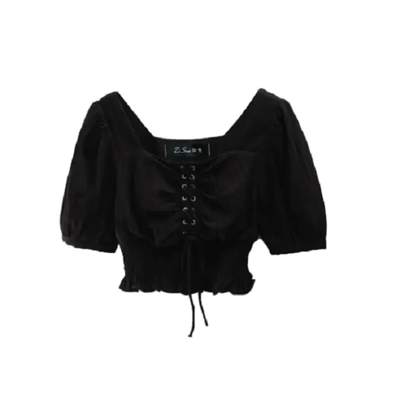 Bandage Fashion Women Blouse Black White Casual Puff Sleeve Tunic Crop Tops Summer Sexy Square Collar Office Ladies Blusas