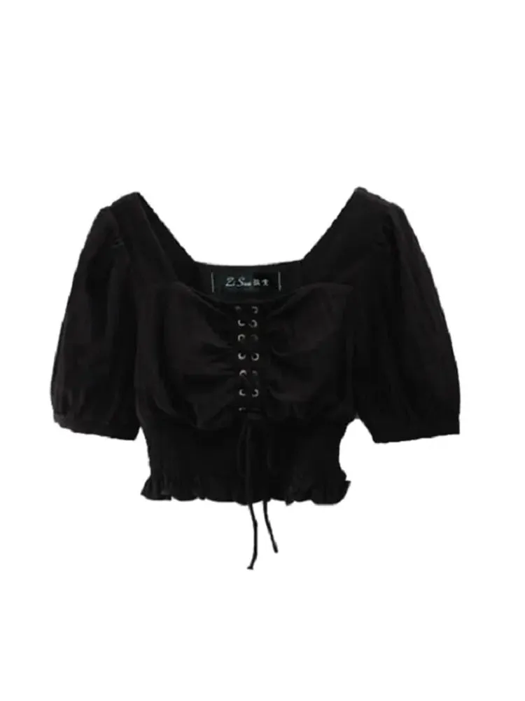 Bandage Fashion Women Blouse Black White Casual Puff Sleeve Tunic Crop Tops Summer Sexy Square Collar Office Ladies Blusas