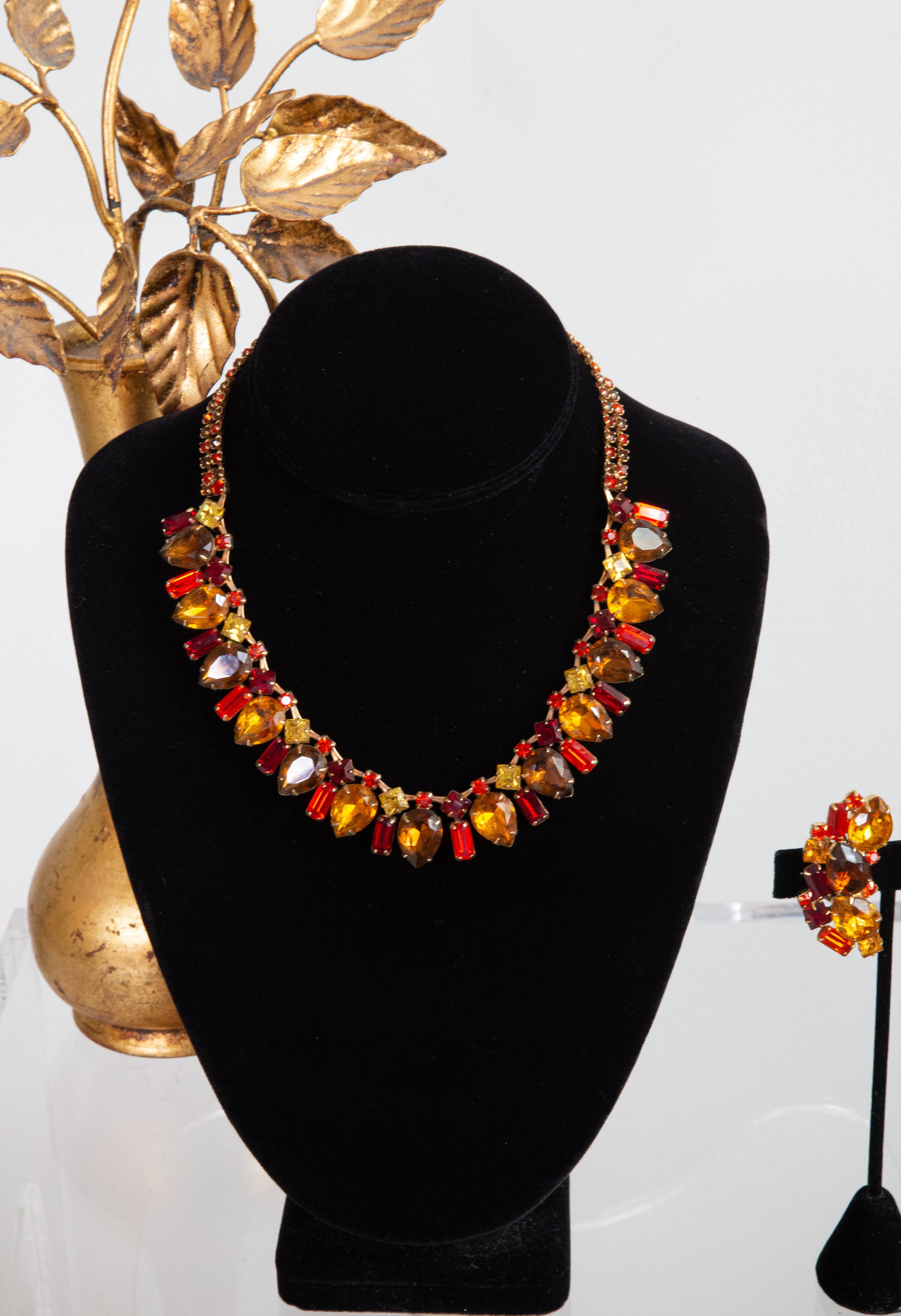 Beautiful 1950's Autumn Leaves Rhinestone Necklace Set