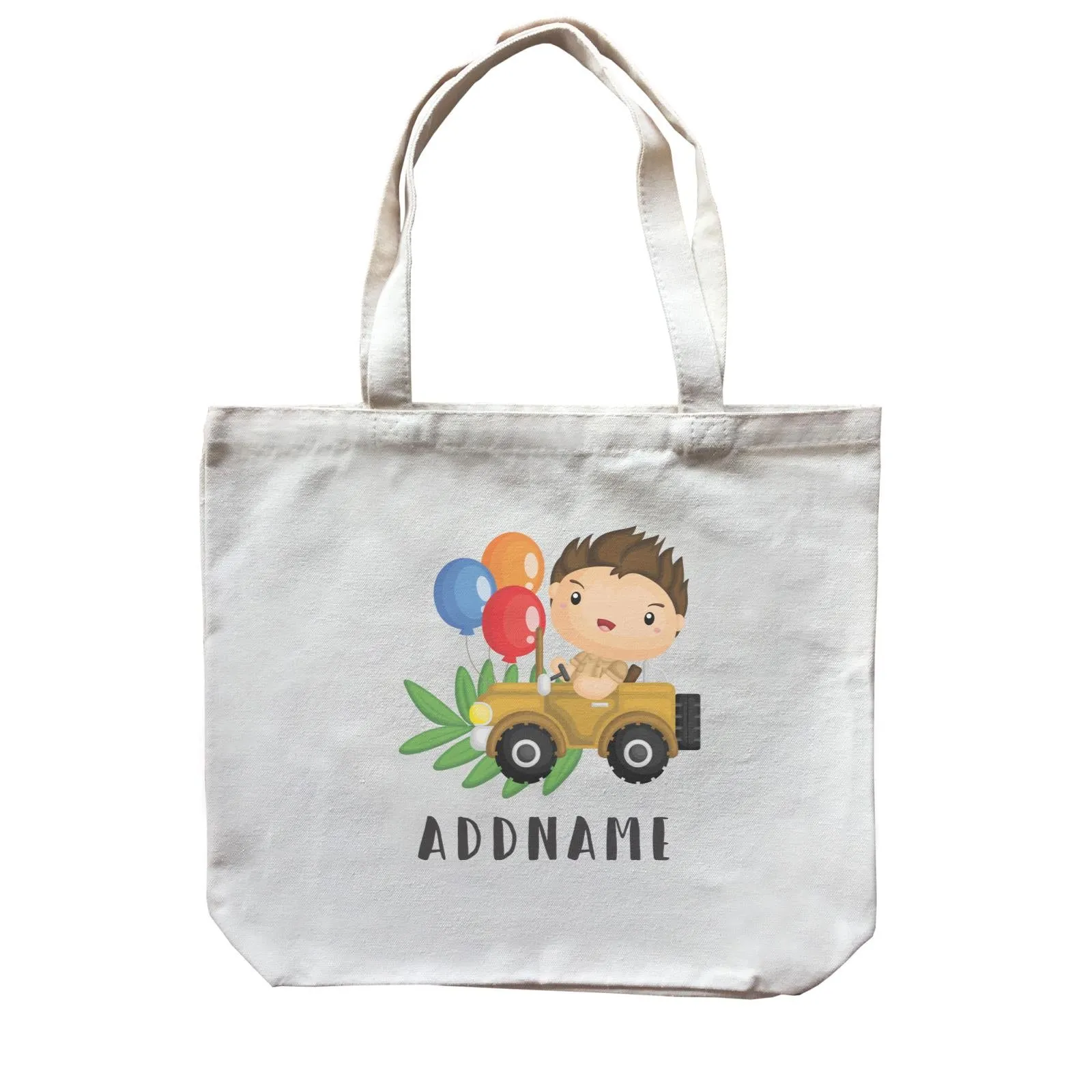 Birthday Safari Explorer Boy Driving Jeep Car Addname Canvas Bag