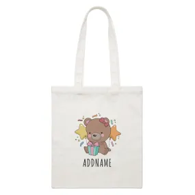 Birthday Sketch Animals Bear with Present Addname White Canvas Bag