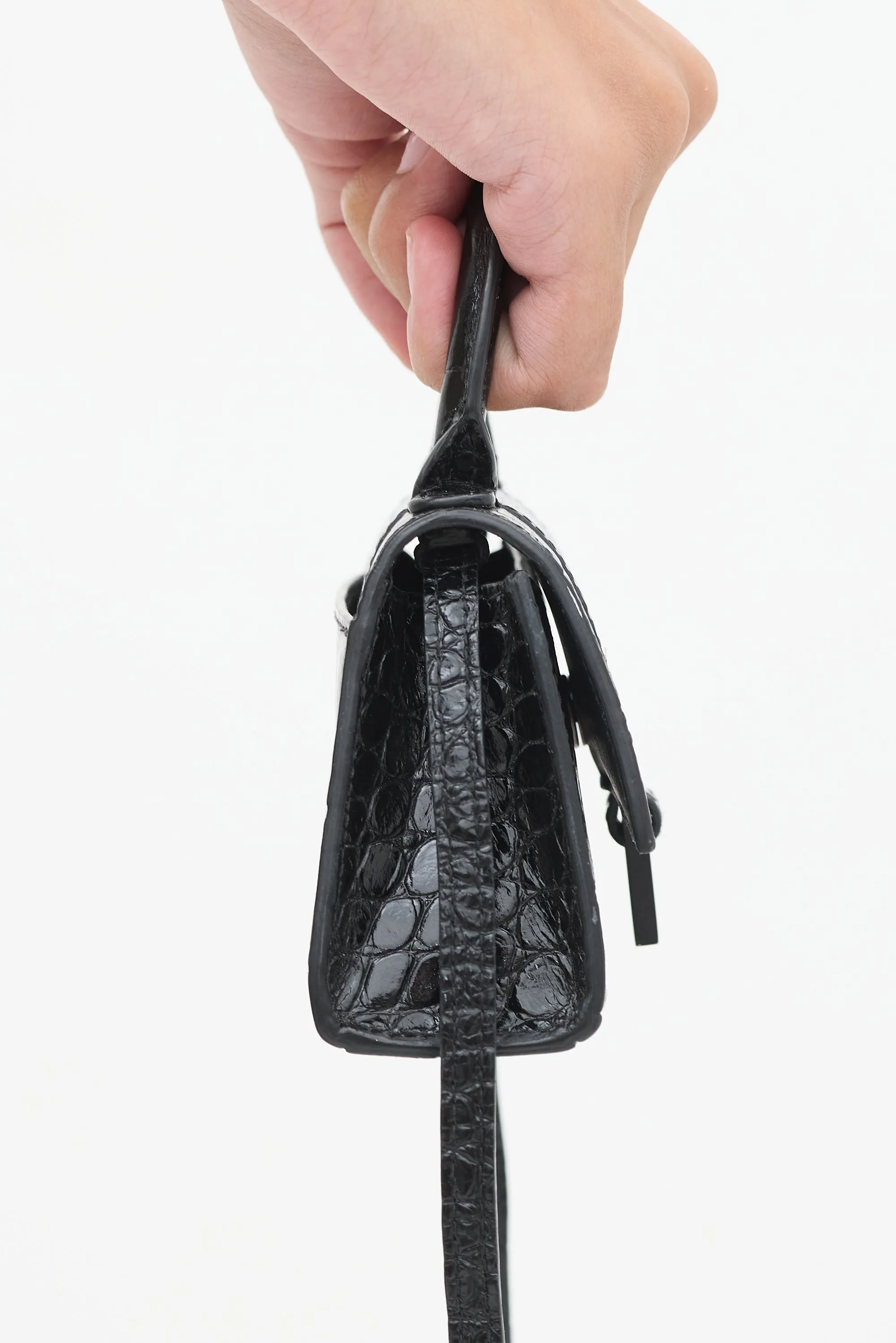 Black Embossed Leather Hourglass Mini Crossbody Bag