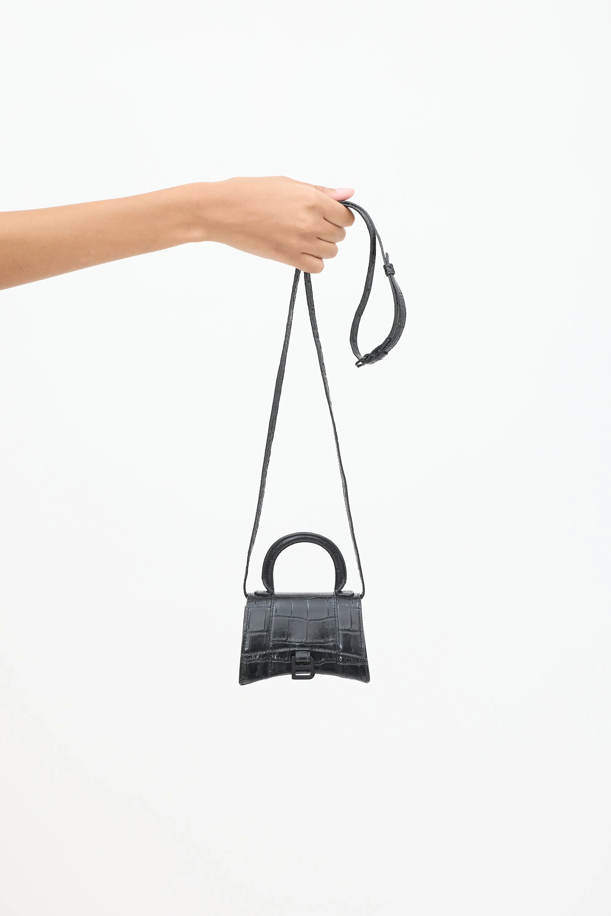 Black Embossed Leather Hourglass Mini Crossbody Bag