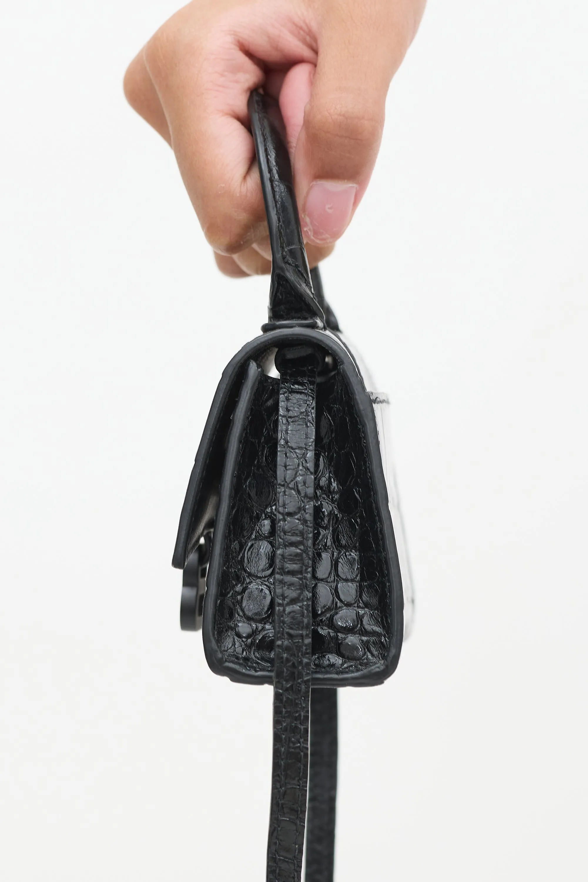 Black Embossed Leather Hourglass Mini Crossbody Bag