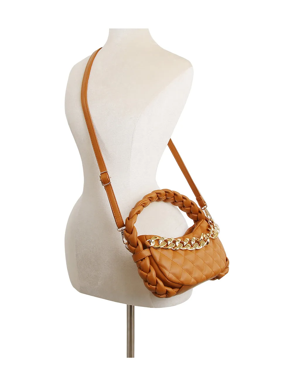 Braided handle chain point leather hobo bag