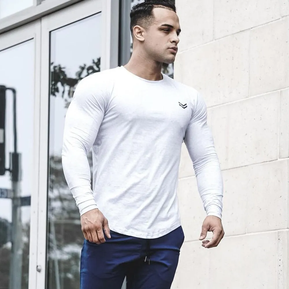 Casual Long Sleeve T-shirt Men Gym Fitness Workout Skinny Shirt Autumn Male Cotton Bodybuilding Tee Tops Sport Training Clothing