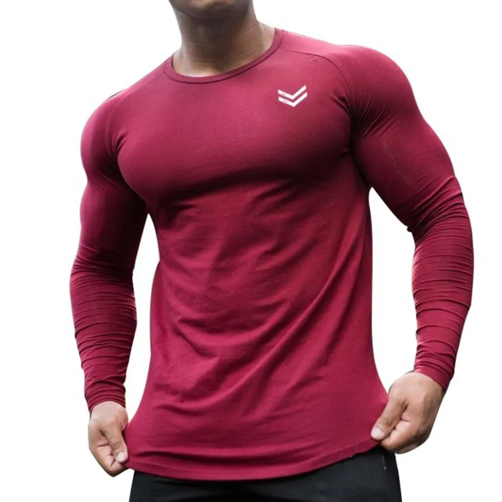 Casual Long Sleeve T-shirt Men Gym Fitness Workout Skinny Shirt Autumn Male Cotton Bodybuilding Tee Tops Sport Training Clothing