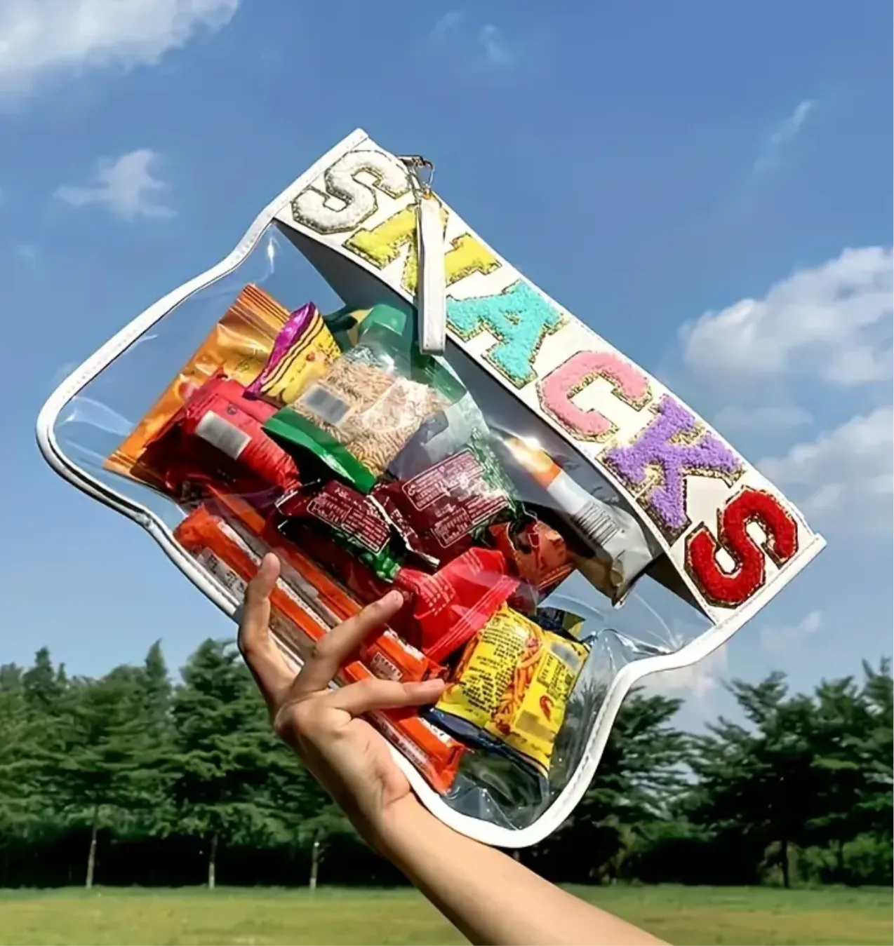 Clear Zipper Pouch Chenille Snack Bag with Multi-Colored Varsity Letter for Travel or Everyday Use