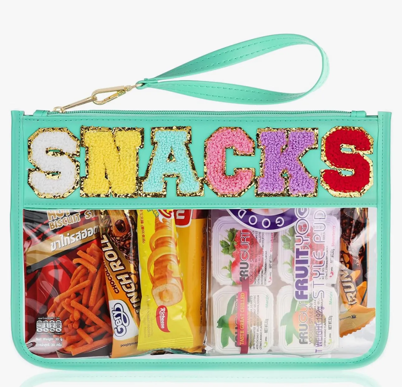 Clear Zipper Pouch Chenille Snack Bag with Multi-Colored Varsity Letter for Travel or Everyday Use