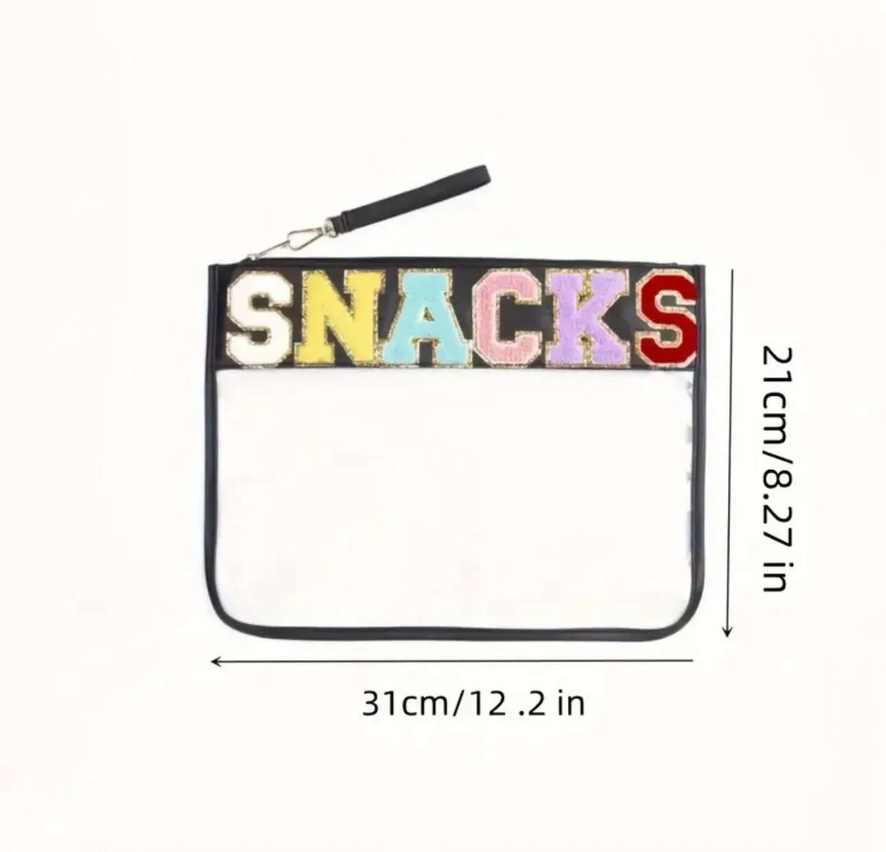 Clear Zipper Pouch Chenille Snack Bag with Multi-Colored Varsity Letter for Travel or Everyday Use