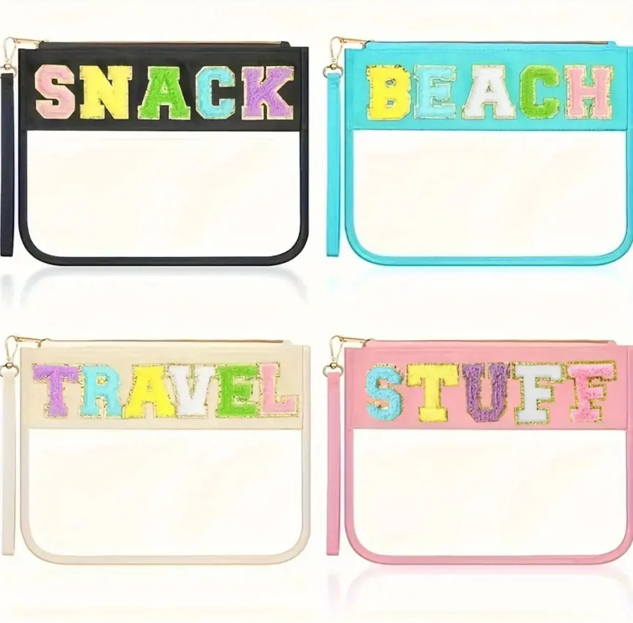 Clear Zipper Pouch Chenille Snack Bag with Multi-Colored Varsity Letter for Travel or Everyday Use