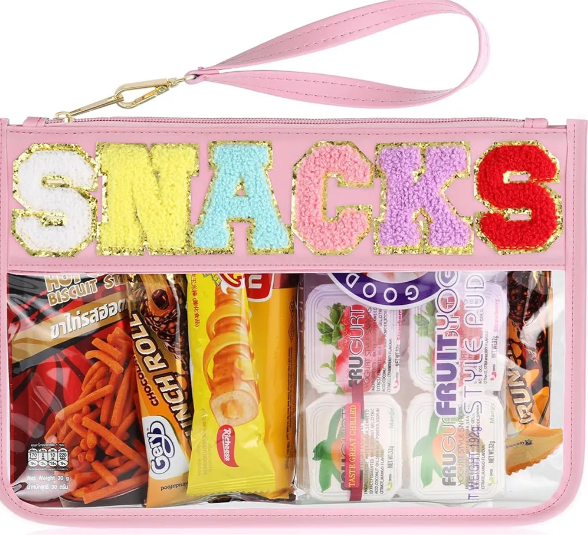 Clear Zipper Pouch Chenille Snack Bag with Multi-Colored Varsity Letter for Travel or Everyday Use