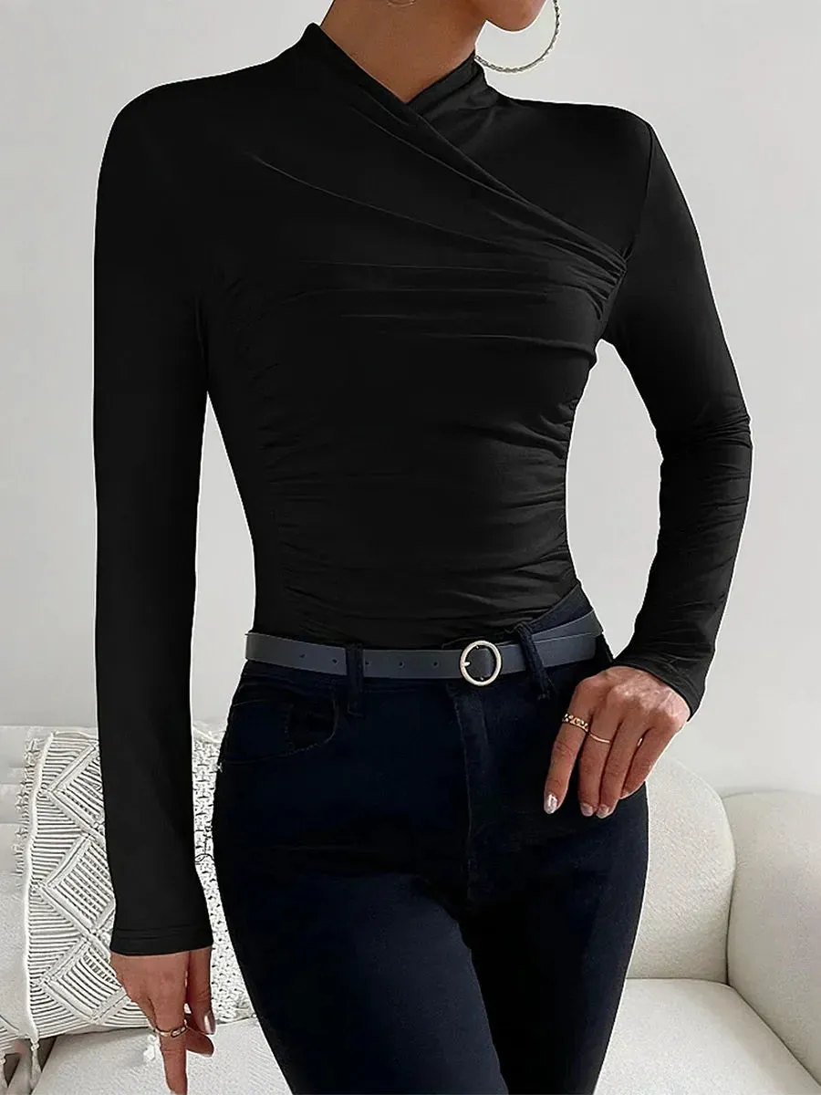 Color Ruched Slim Fit Long Sleeve Short Sleeve Tunic Solid T-shirt