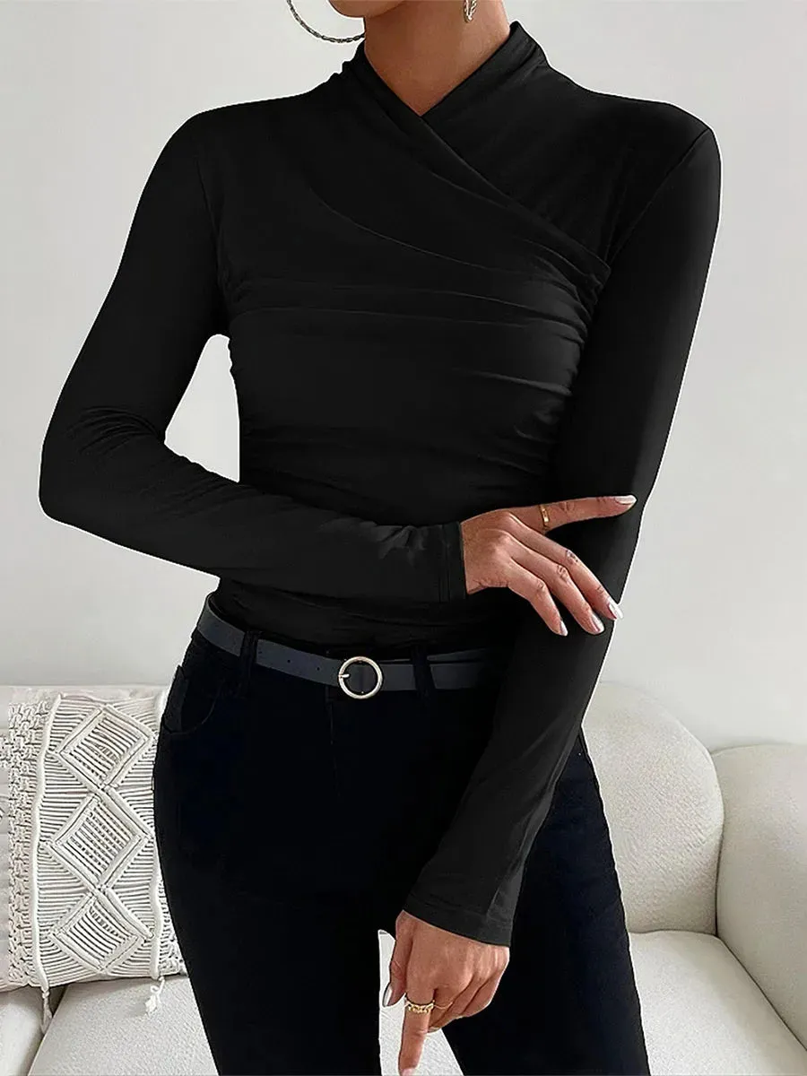 Color Ruched Slim Fit Long Sleeve Short Sleeve Tunic Solid T-shirt