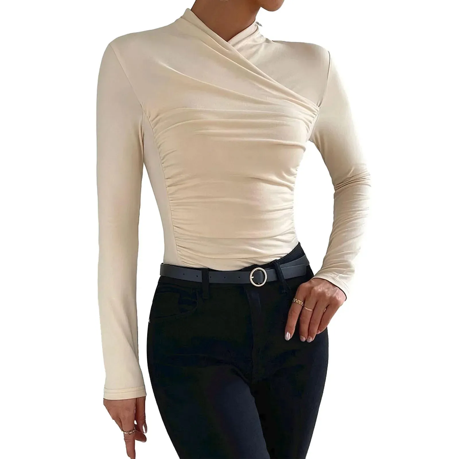 Color Ruched Slim Fit Long Sleeve Short Sleeve Tunic Solid T-shirt