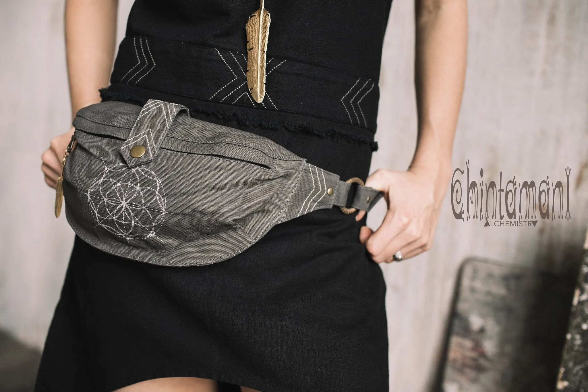 Cotton Canvas Banana Fanny Pack / Waist Bum Bag with Flower of Life Pattern / Dark Grey