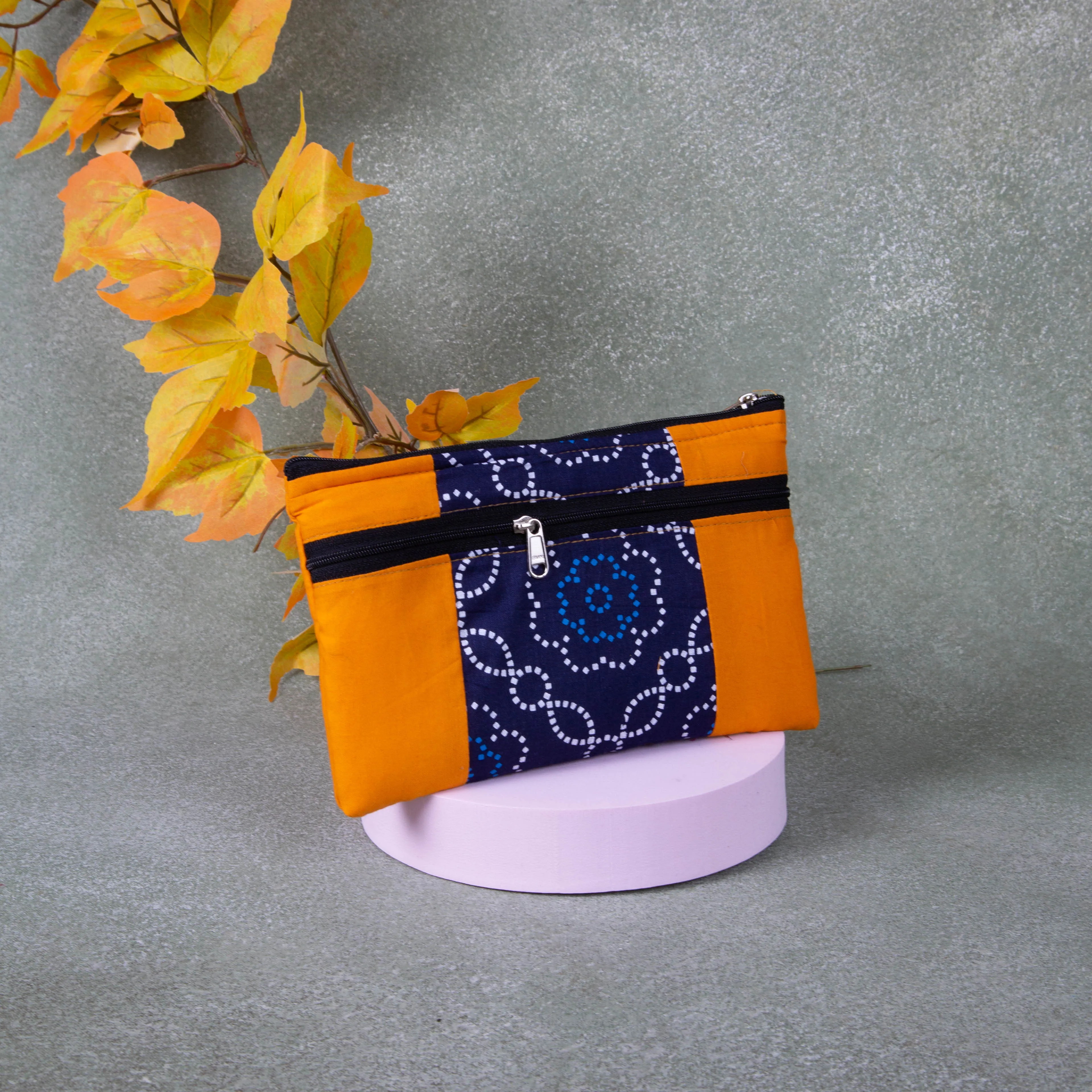 Cotton Multizip Purse Mustered with Blue Bandhani Design