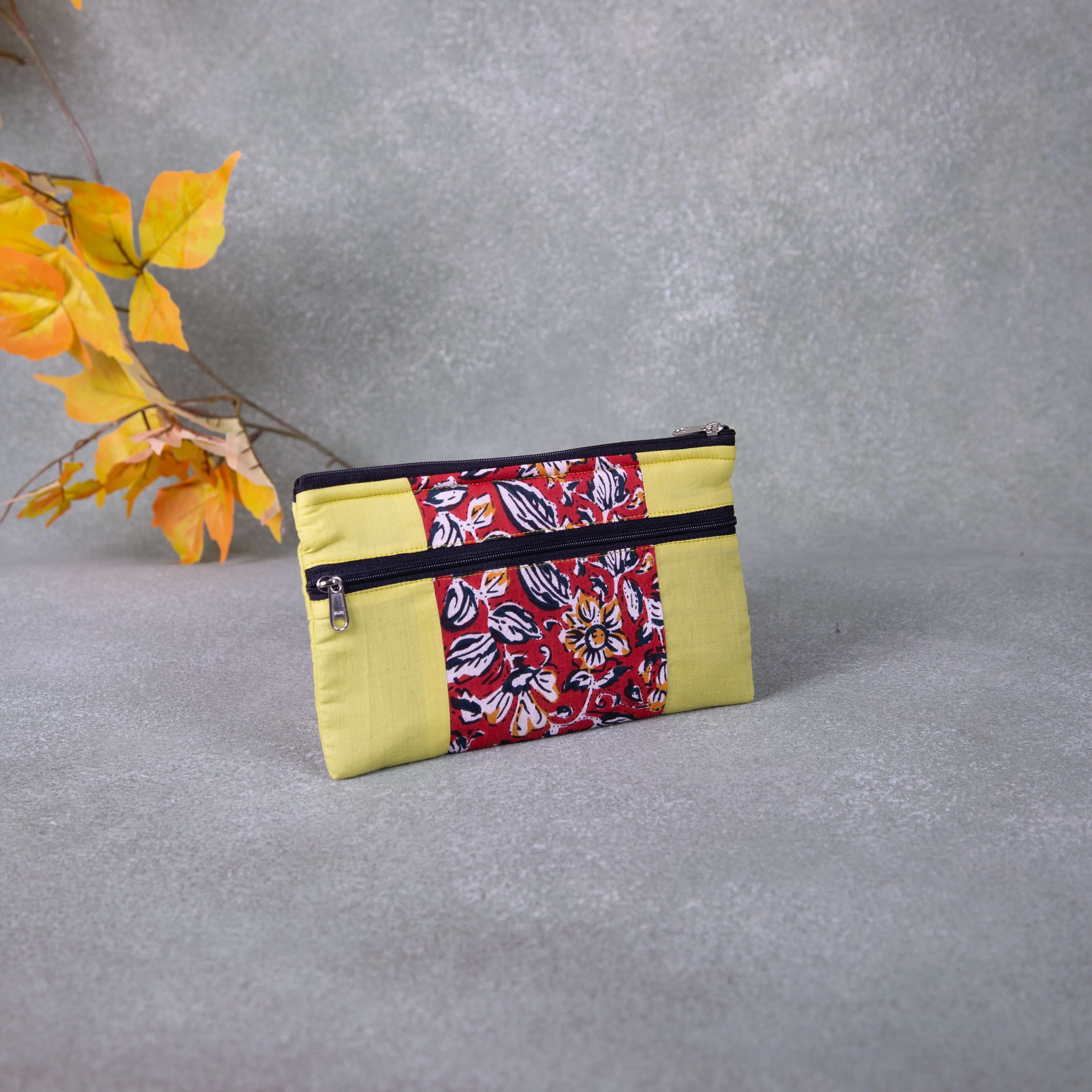 Cotton Multizip Purse Yellow With Brown Prints.