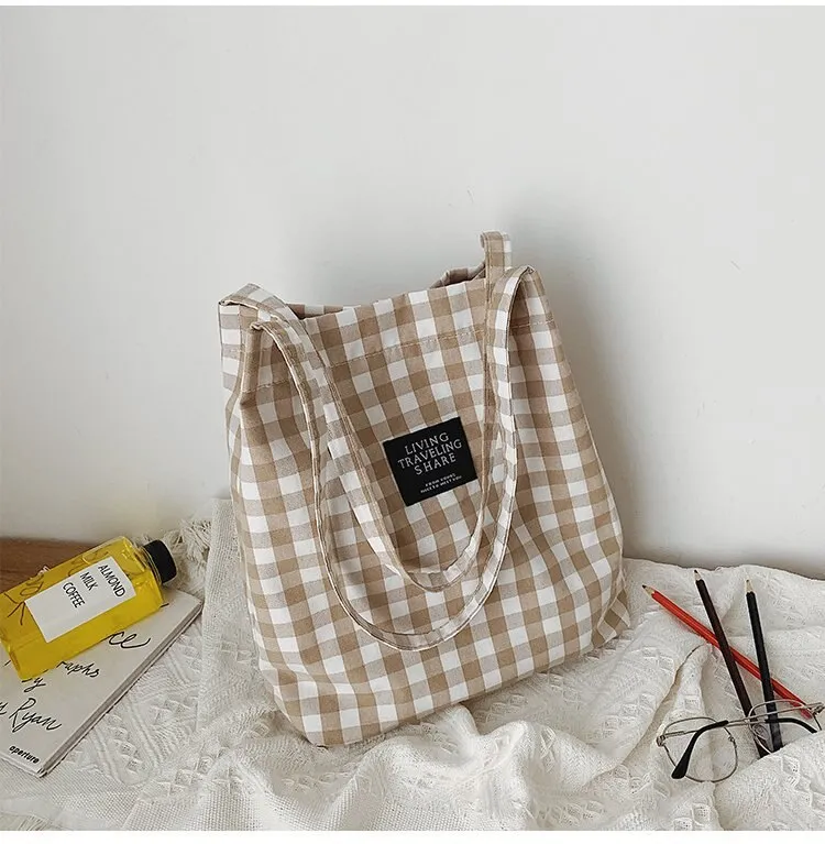 Darianrojas Fashion Durable Women Student Cotton Linen Single Shoulder Bag Shopping Tote Check Plaid Female Flax Canvas  Bags