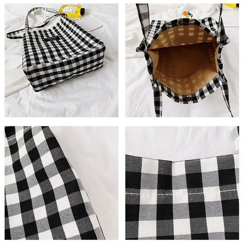 Darianrojas Fashion Durable Women Student Cotton Linen Single Shoulder Bag Shopping Tote Check Plaid Female Flax Canvas  Bags