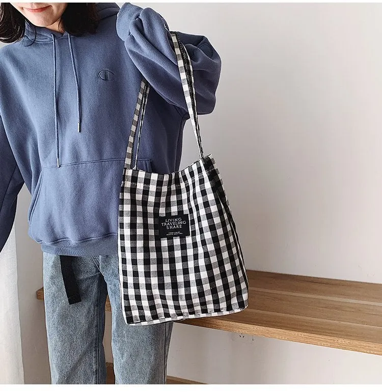 Darianrojas Fashion Durable Women Student Cotton Linen Single Shoulder Bag Shopping Tote Check Plaid Female Flax Canvas  Bags