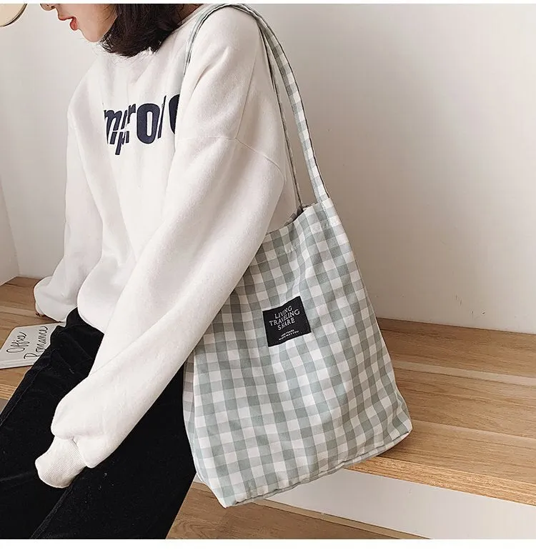 Darianrojas Fashion Durable Women Student Cotton Linen Single Shoulder Bag Shopping Tote Check Plaid Female Flax Canvas  Bags