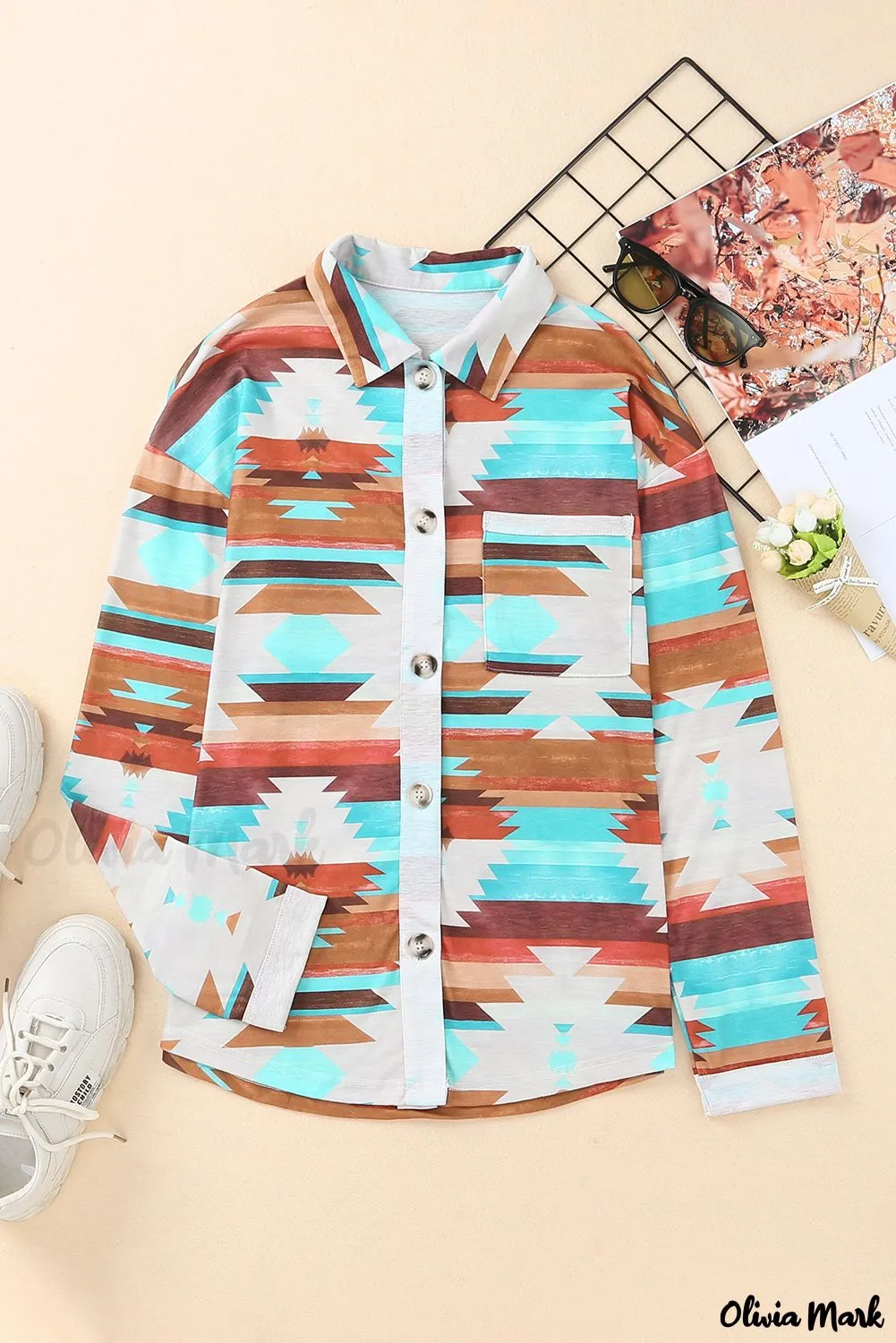 Deanwangkt - Multicolor Aztec Print Long Sleeve Shirt With Button Chest Pocket