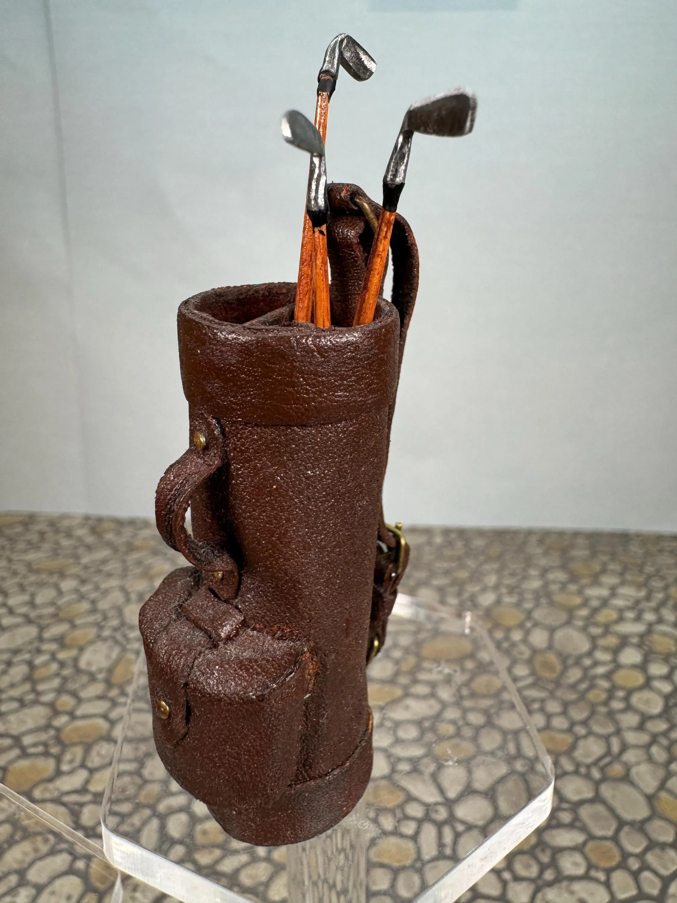 Dollhouse Miniature ~ Vintage Artisan Nantasy Fantasy Handmade Leather Golf Bag With Handmade Wooden Clubs Signed