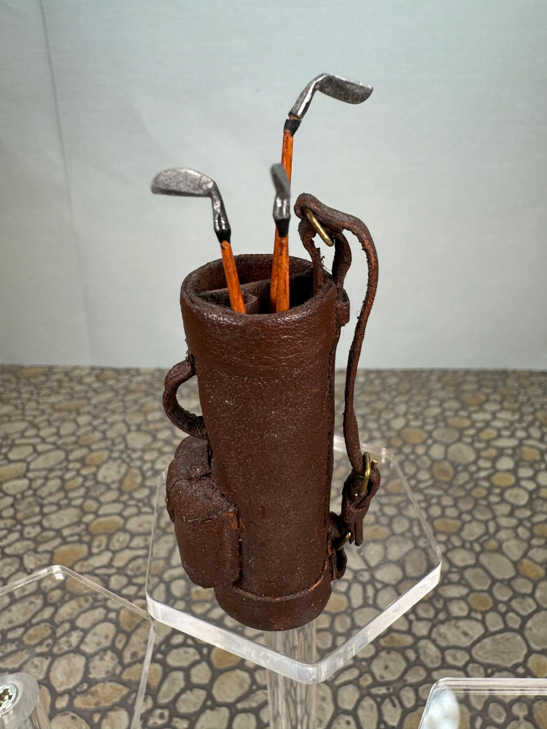 Dollhouse Miniature ~ Vintage Artisan Nantasy Fantasy Handmade Leather Golf Bag With Handmade Wooden Clubs Signed