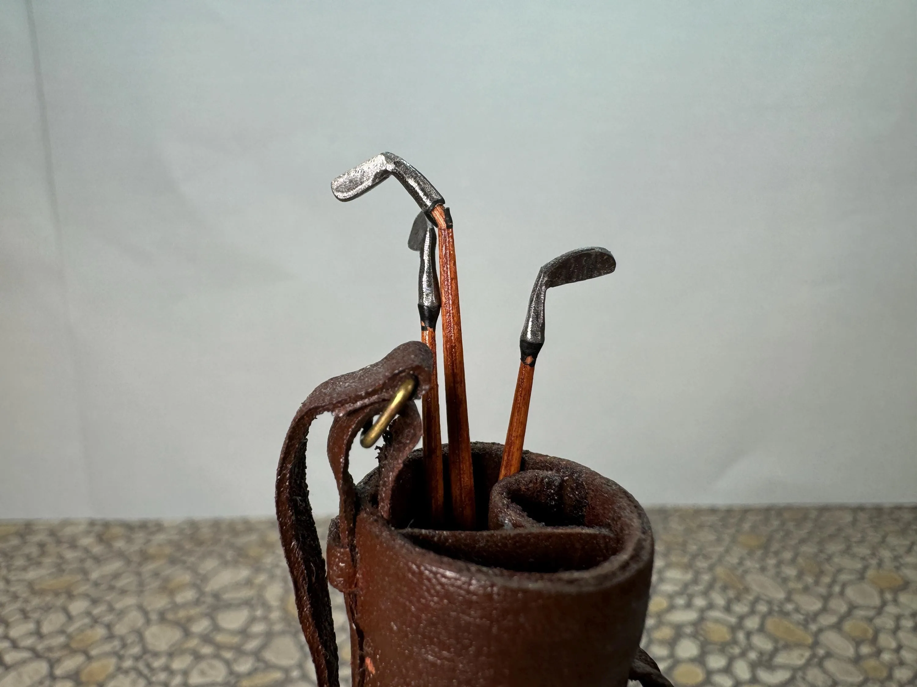 Dollhouse Miniature ~ Vintage Artisan Nantasy Fantasy Handmade Leather Golf Bag With Handmade Wooden Clubs Signed