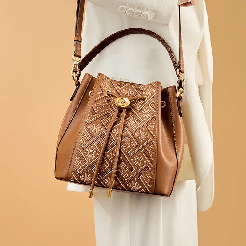 Embroidery Leather Crossbody Bag Backpack Retro Brown