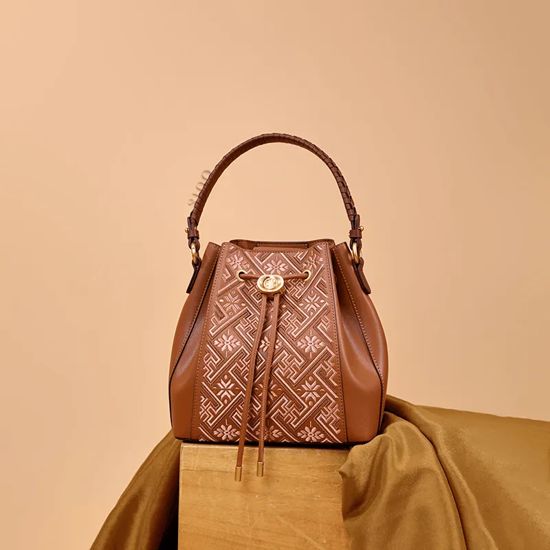 Embroidery Leather Crossbody Bag Backpack Retro Brown