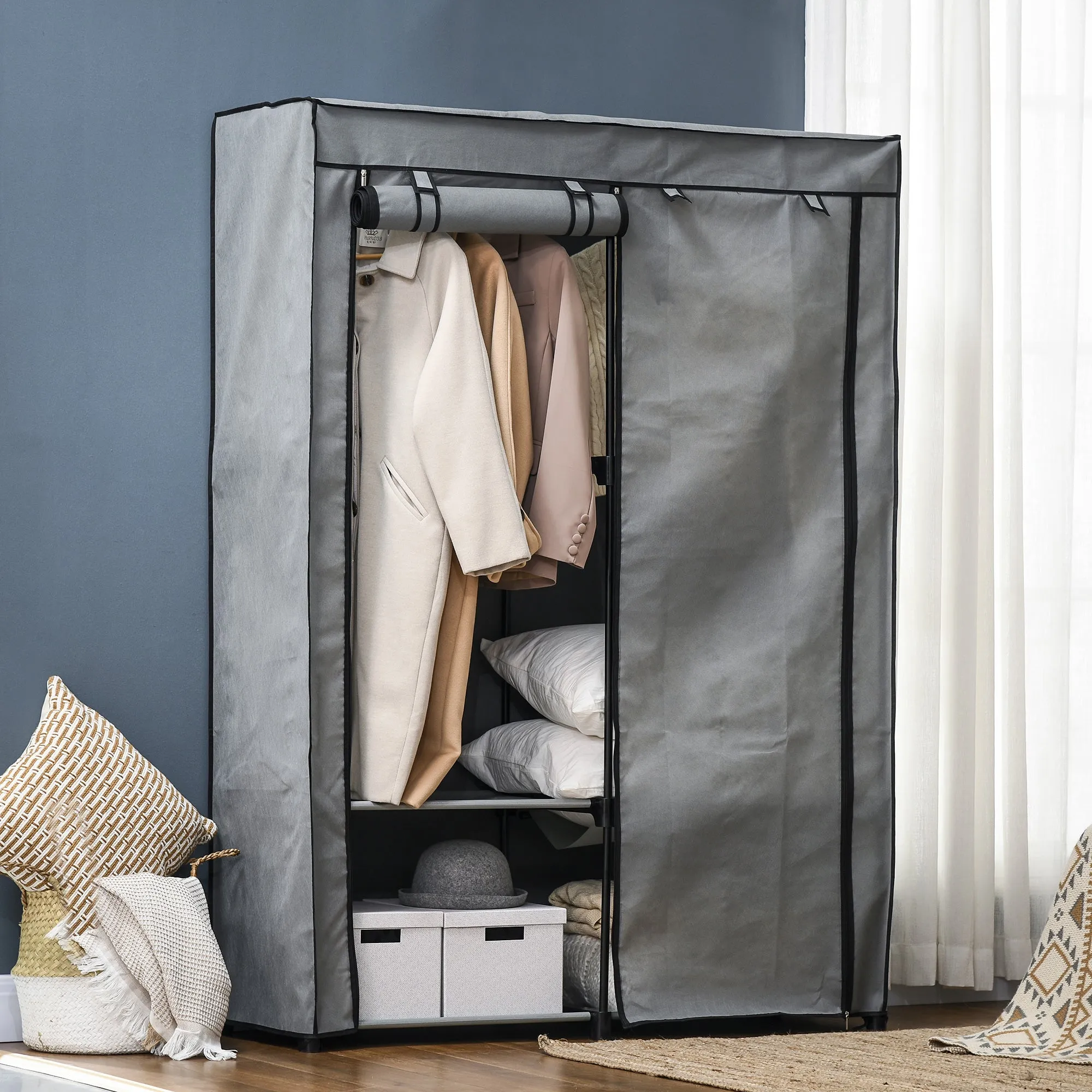 Fabric Wardrobe, Portable Fabric Cabinet, Foldable Coat Rack with 4 Shelves, 2 Hanging Rails, 118 x 49 x 170 cm, Grey